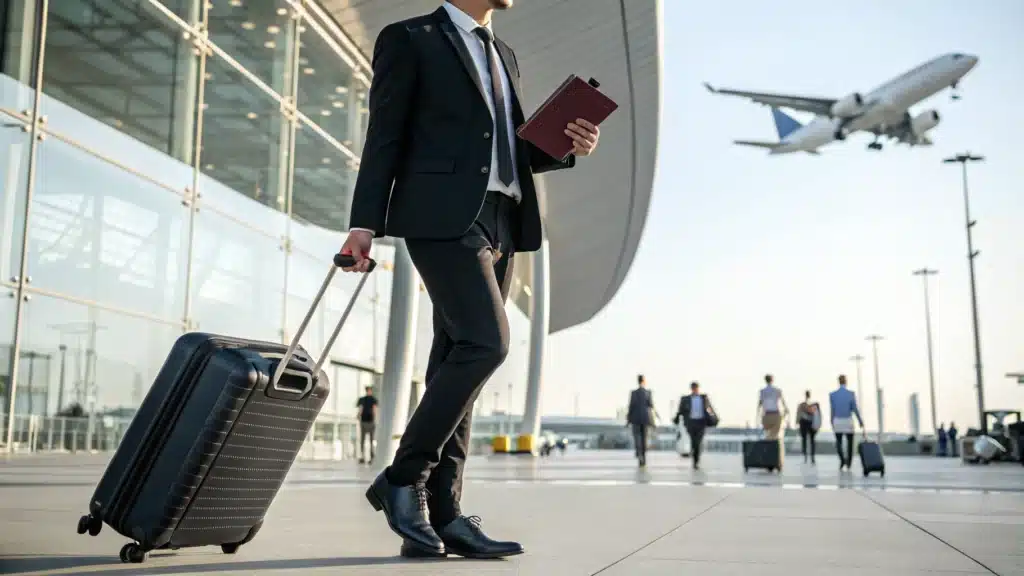 professionnel partant en voyage d'affaires en avion
